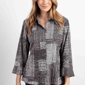 Ali Miles Black White Shimmer Geometric Artsy Wire Collar Tunic Shirt Sz M